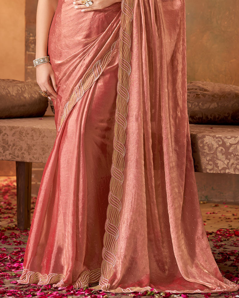 Vishal Prints Dark Peach Fancy Satin Saree With Moti-Cut Dana Work And Fancy Cut Work Border