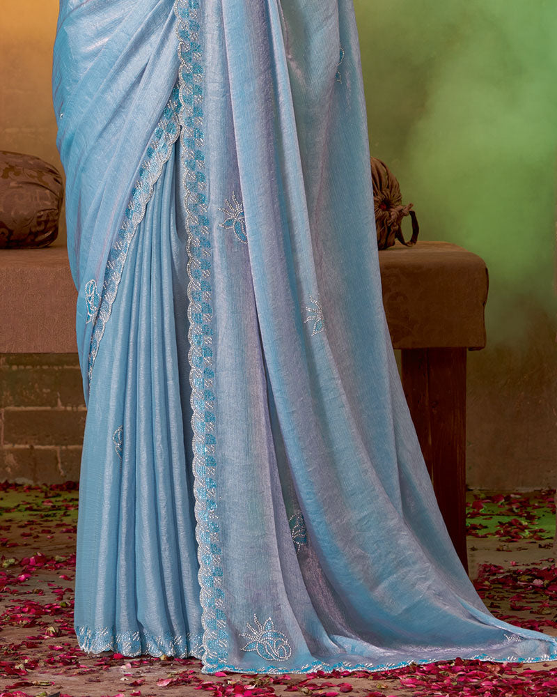 Vishal Prints Glacier Blue Fancy Chiffon Swarovski Work Saree With Cut Work Border