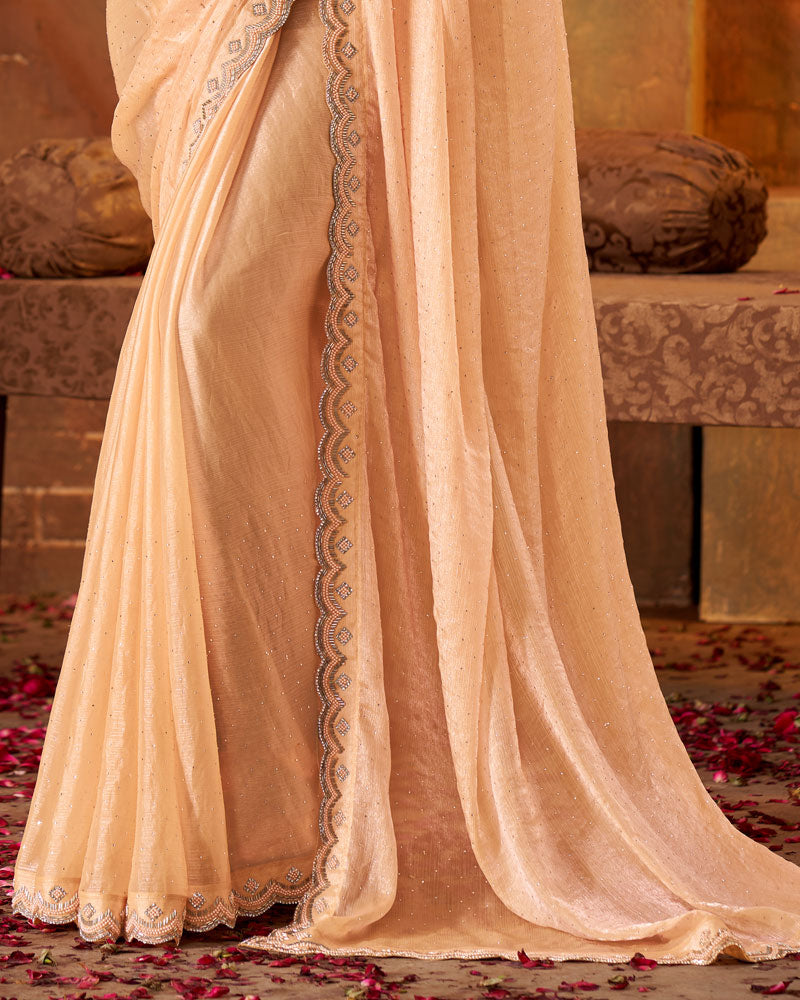 Vishal Prints Pastel Orange Fancy Chiffon Swarovski Work Saree With Moti-Cut Dana Jarkan Work Border