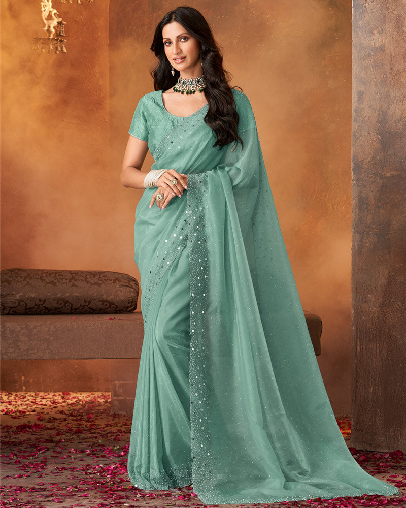 Vishal Prints Mist Green Glass Organza Swarovski Work Saree With Mirror-Jarkan Cut Work Border