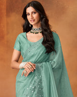 Vishal Prints Mist Green Glass Organza Swarovski Work Saree With Mirror-Jarkan Cut Work Border