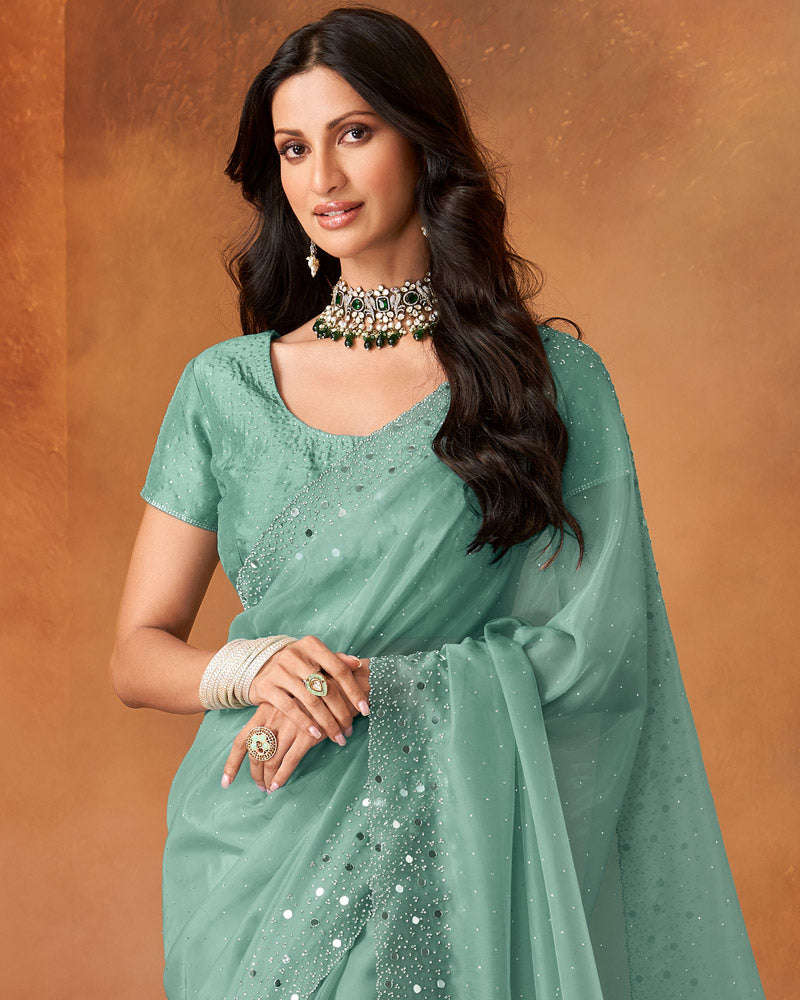 Vishal Prints Mist Green Glass Organza Swarovski Work Saree With Mirror-Jarkan Cut Work Border