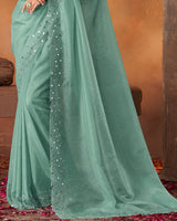 Vishal Prints Mist Green Glass Organza Swarovski Work Saree With Mirror-Jarkan Cut Work Border