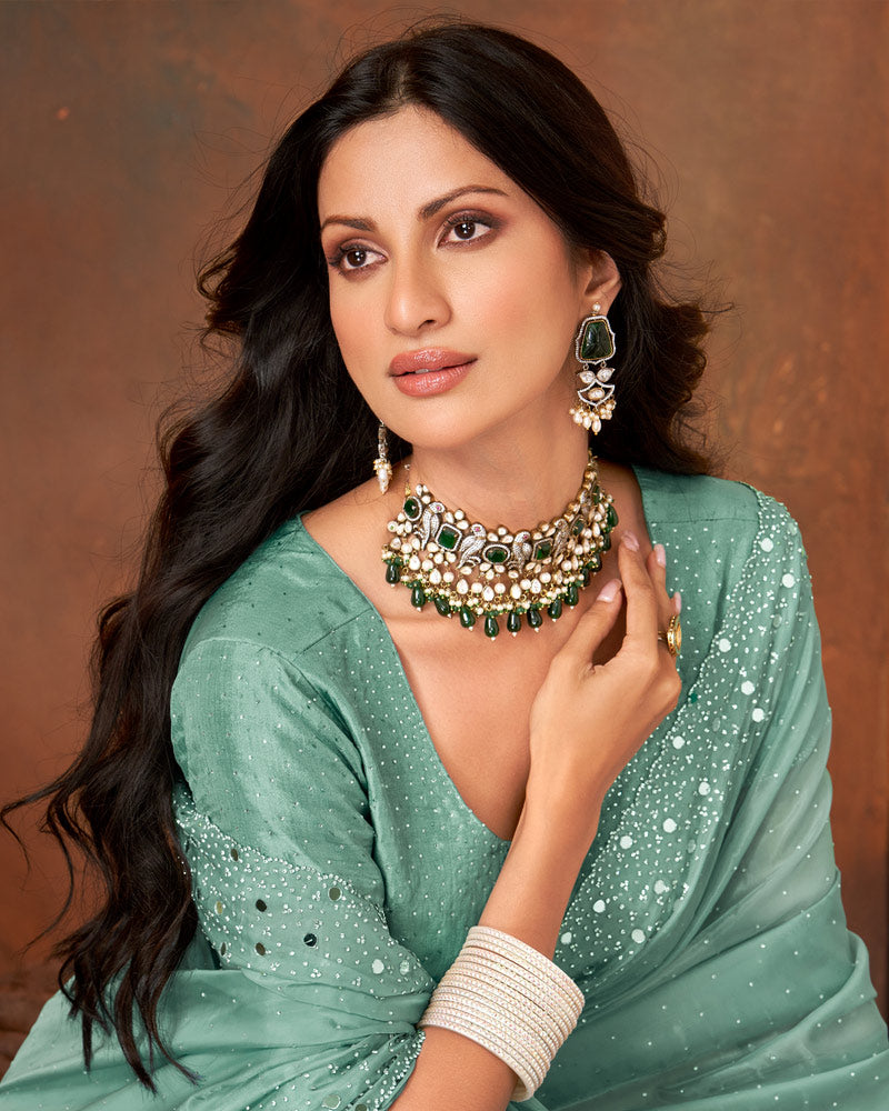 Vishal Prints Mist Green Glass Organza Swarovski Work Saree With Mirror-Jarkan Cut Work Border