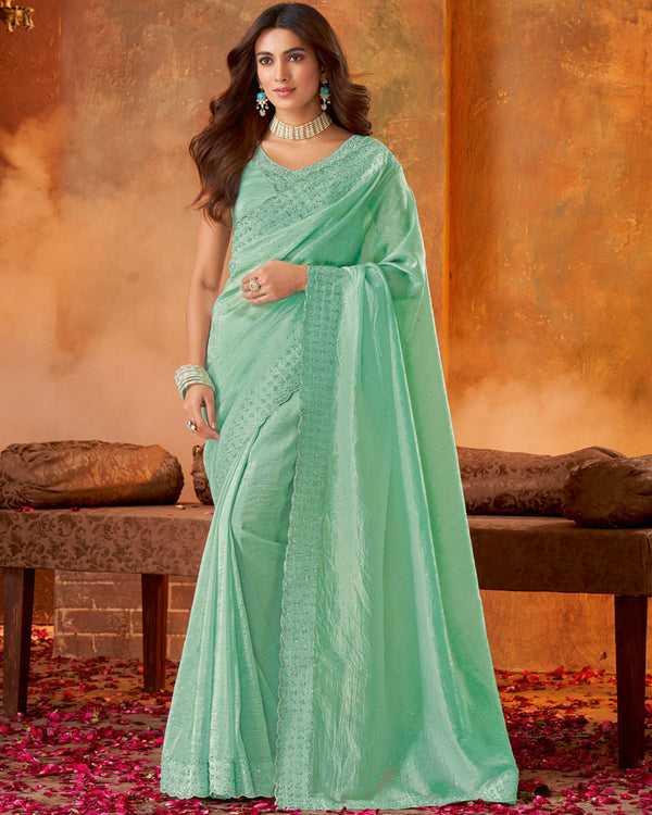 Vishal Prints Light Teal Green Crushed Zari Chiffon Saree With Cut Dana-Jarkan Work And Cut Work Border