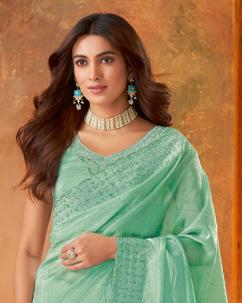 Vishal Prints Light Teal Green Crushed Zari Chiffon Saree With Cut Dana-Jarkan Work And Cut Work Border