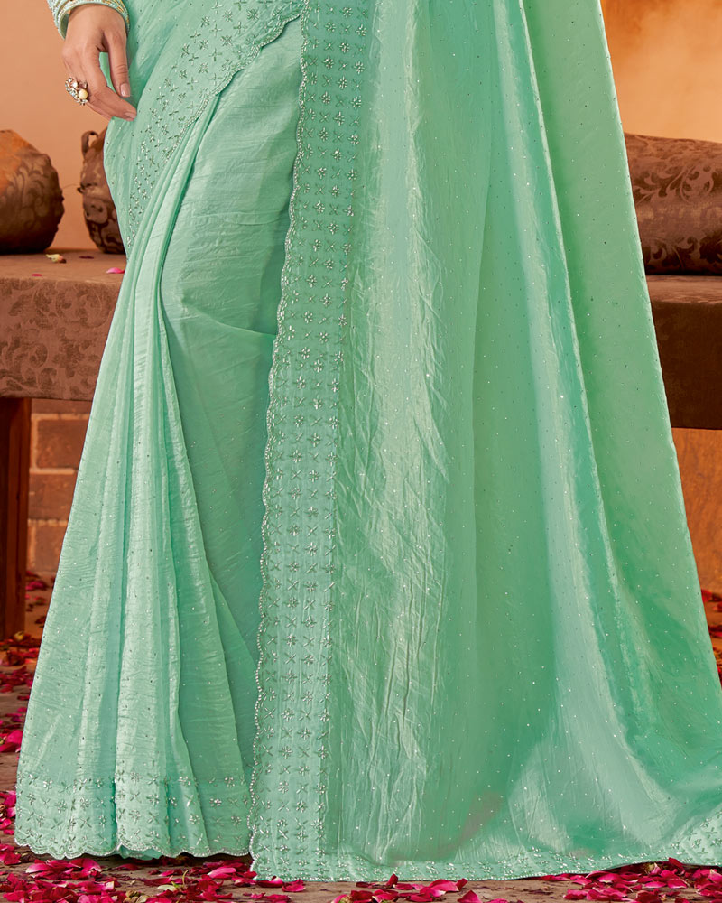 Vishal Prints Light Teal Green Crushed Zari Chiffon Saree With Cut Dana-Jarkan Work And Cut Work Border