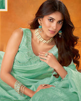 Vishal Prints Light Teal Green Crushed Zari Chiffon Saree With Cut Dana-Jarkan Work And Cut Work Border