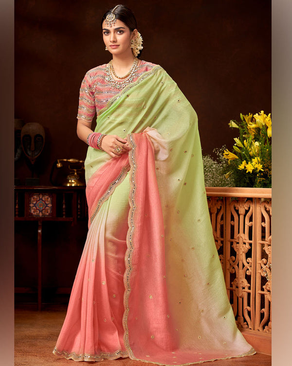 Vishal Prints Pastel Green Crushed Fancy Chiffon Saree With Mirror-Embroidery Zari Butta And Cut Work Border