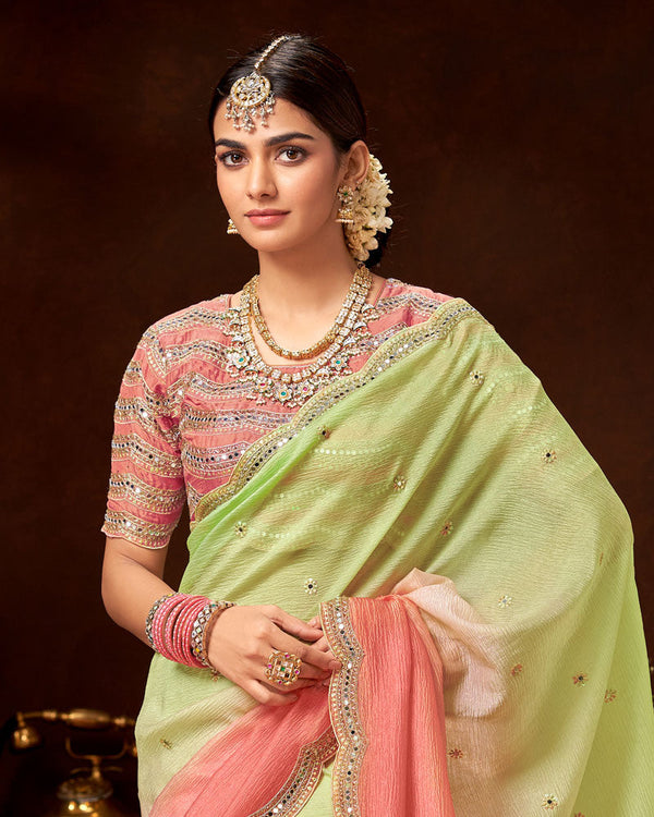 Vishal Prints Pastel Green Crushed Fancy Chiffon Saree With Mirror-Embroidery Zari Butta And Cut Work Border
