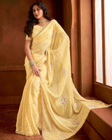 Vishal Prints Light Yellow Fancy Satin Saree With Embroidery Moti-Cut Dana Work And Cut Work Border
