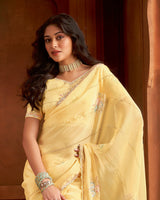 Vishal Prints Light Yellow Fancy Satin Saree With Embroidery Moti-Cut Dana Work And Cut Work Border