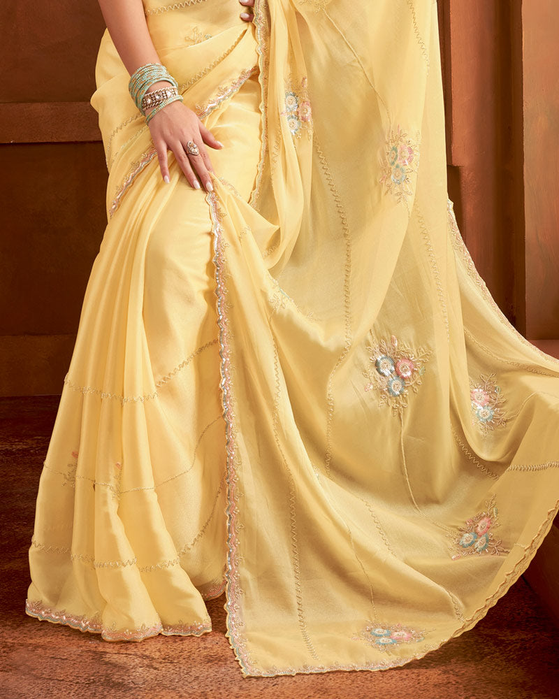 Vishal Prints Light Yellow Fancy Satin Saree With Embroidery Moti-Cut Dana Work And Cut Work Border