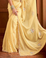 Vishal Prints Light Yellow Fancy Satin Saree With Embroidery Moti-Cut Dana Work And Cut Work Border