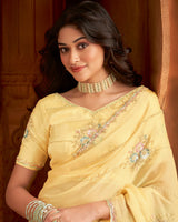 Vishal Prints Light Yellow Fancy Satin Saree With Embroidery Moti-Cut Dana Work And Cut Work Border