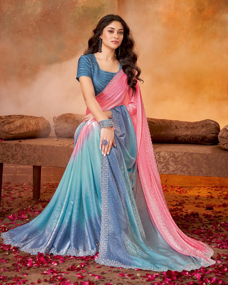 Vishal Prints Dark Coral Satin Swarovski Work Saree With Cut Work Border