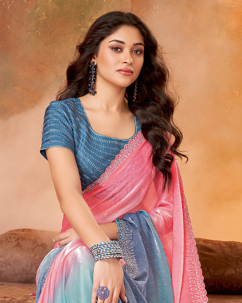 Vishal Prints Dark Coral Satin Swarovski Work Saree With Cut Work Border