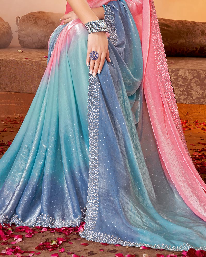 Vishal Prints Dark Coral Satin Swarovski Work Saree With Cut Work Border