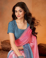 Vishal Prints Dark Coral Satin Swarovski Work Saree With Cut Work Border