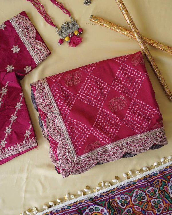 Purple Red Designer Raw Silk Traditional Print Saree With Foil Print And Sequence Embroidery Cut Work Border