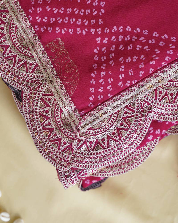 Purple Red Designer Raw Silk Traditional Print Saree With Foil Print And Sequence Embroidery Cut Work Border