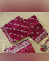 Purple Red Designer Raw Silk Traditional Print Saree With Foil Print And Sequence Embroidery Cut Work Border