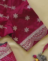Purple Red Designer Raw Silk Traditional Print Saree With Foil Print And Sequence Embroidery Cut Work Border