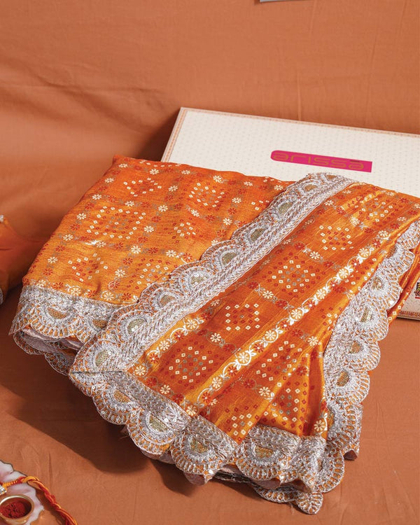 Yellowish Orange Designer Fancy Chiffon Saree With Foil Print, Zari-Embroidery Work And Cut Work Border