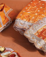 Yellowish Orange Designer Fancy Chiffon Saree With Foil Print, Zari-Embroidery Work And Cut Work Border
