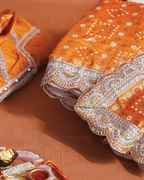Yellowish Orange Designer Fancy Chiffon Saree With Foil Print, Zari-Embroidery Work And Cut Work Border