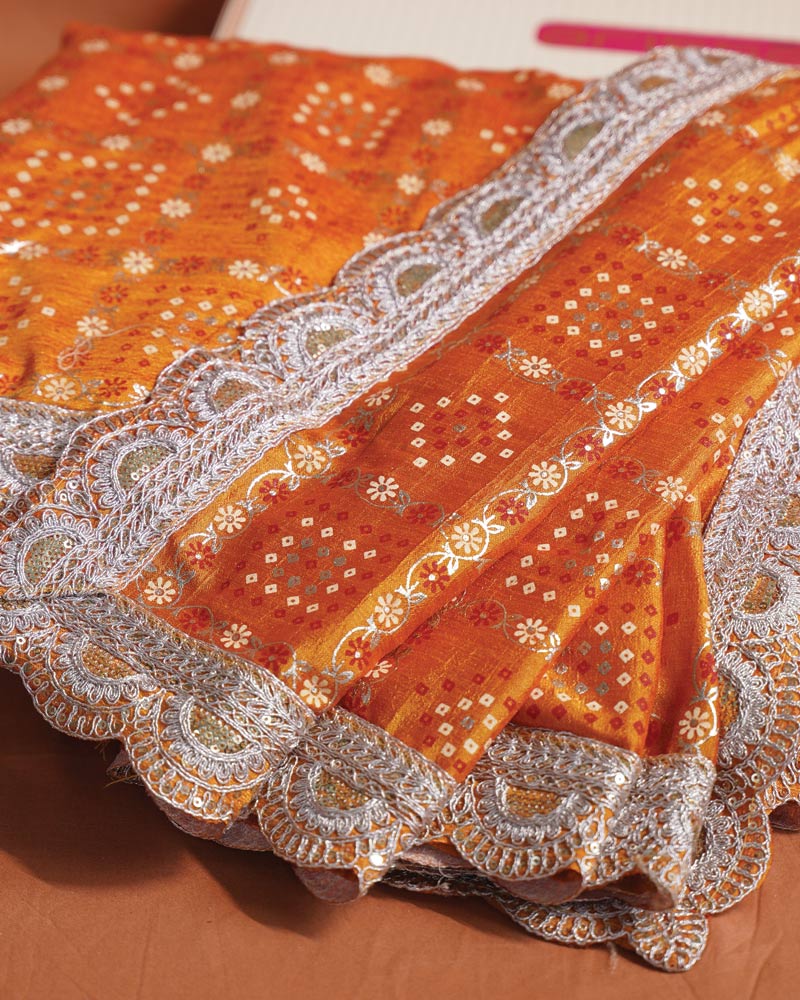 Yellowish Orange Designer Fancy Chiffon Saree With Foil Print, Zari-Embroidery Work And Cut Work Border