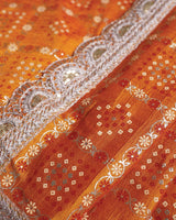 Yellowish Orange Designer Fancy Chiffon Saree With Foil Print, Zari-Embroidery Work And Cut Work Border