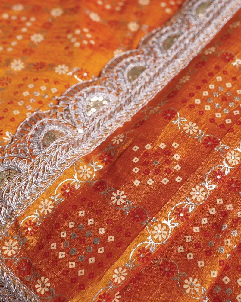 Yellowish Orange Designer Fancy Chiffon Saree With Foil Print, Zari-Embroidery Work And Cut Work Border