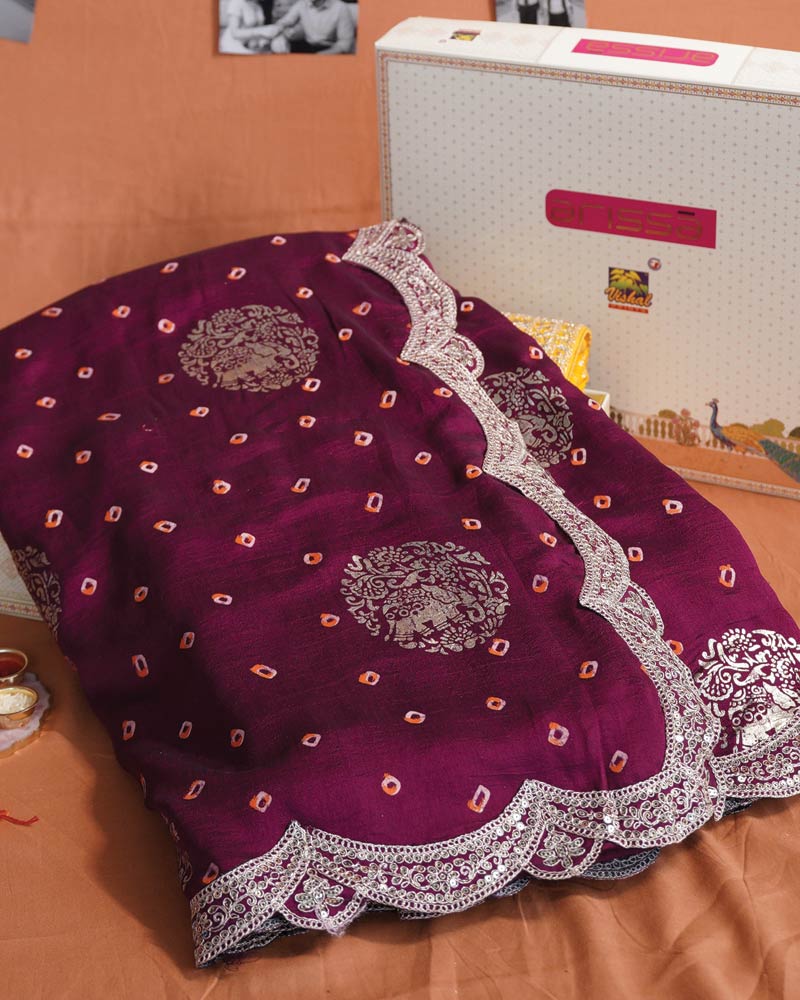 Vishal Prints Wine Berry Designer Fancy Chiffon Saree With Foil Print, Zari-Embroidery Work And Cut Work Border