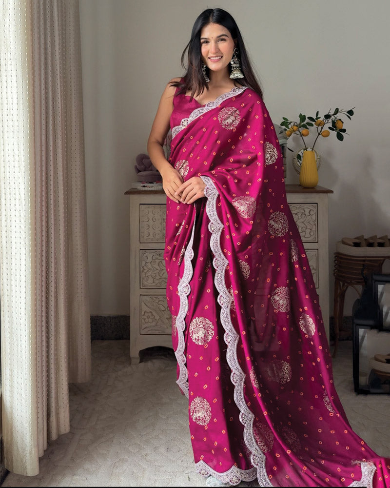 Vishal Prints Wine Berry Designer Fancy Chiffon Saree With Foil Print, Zari-Embroidery Work And Cut Work Border