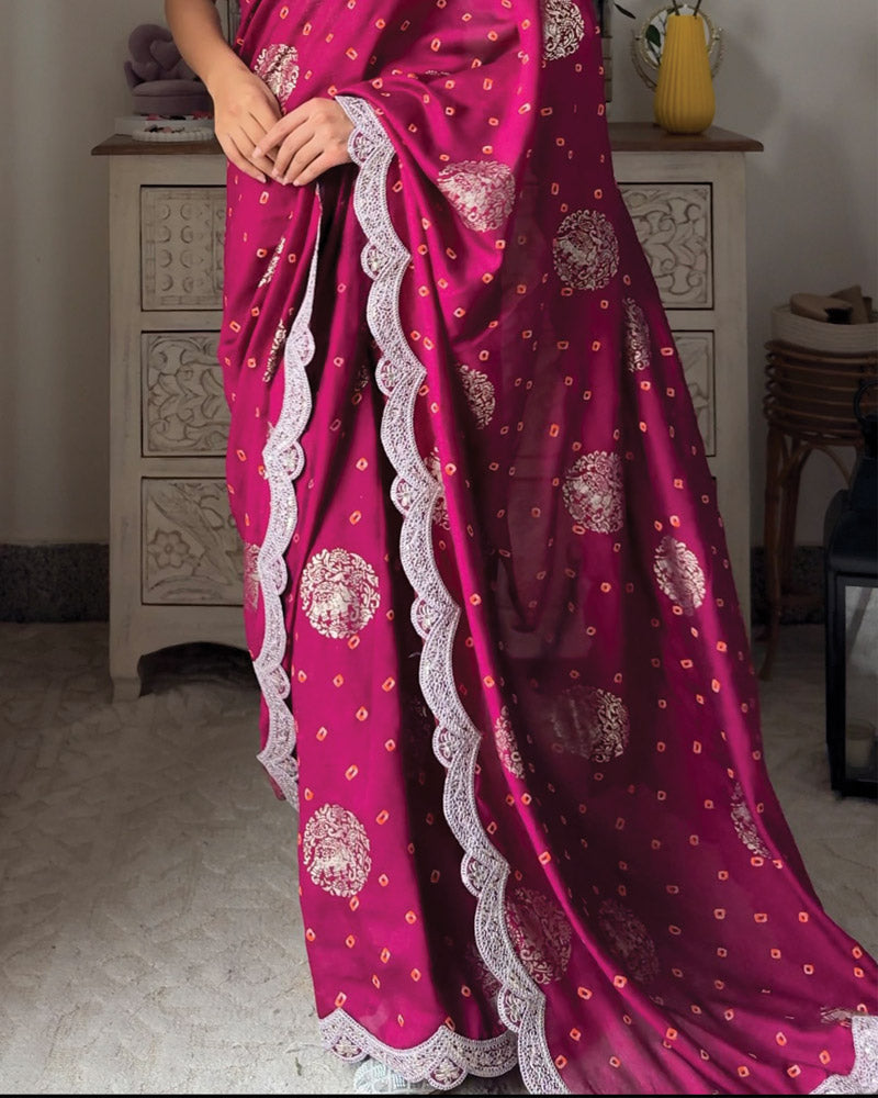 Vishal Prints Wine Berry Designer Fancy Chiffon Saree With Foil Print, Zari-Embroidery Work And Cut Work Border