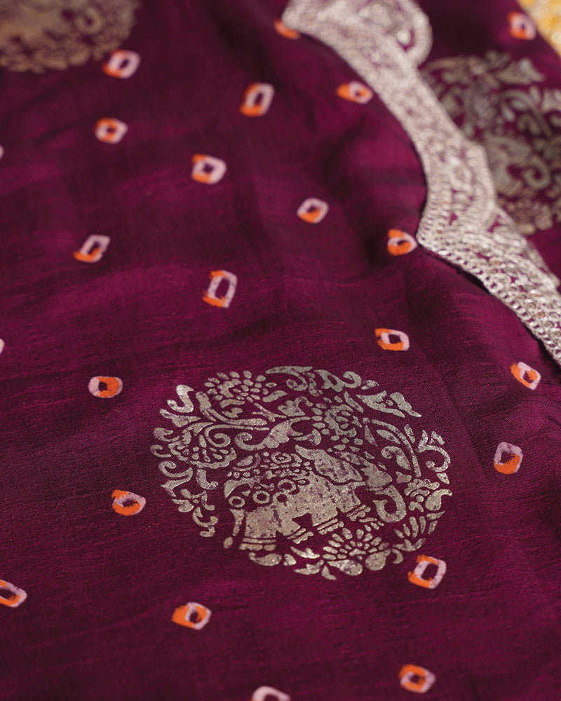 Vishal Prints Wine Berry Designer Fancy Chiffon Saree With Foil Print, Zari-Embroidery Work And Cut Work Border