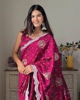 Vishal Prints Wine Berry Designer Fancy Chiffon Saree With Foil Print, Zari-Embroidery Work And Cut Work Border