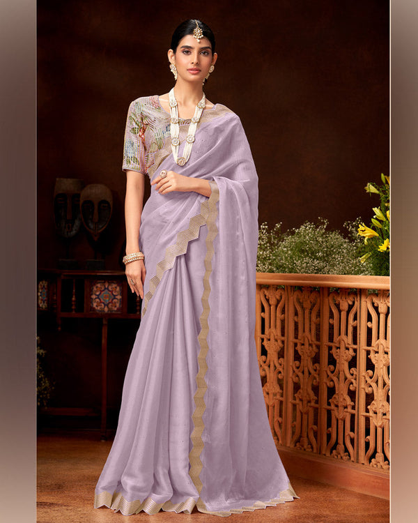 Vishal Prints Pastel Violet Fancy Satin Swarovski Work Saree With Embroidery-Foil Cut Work Border