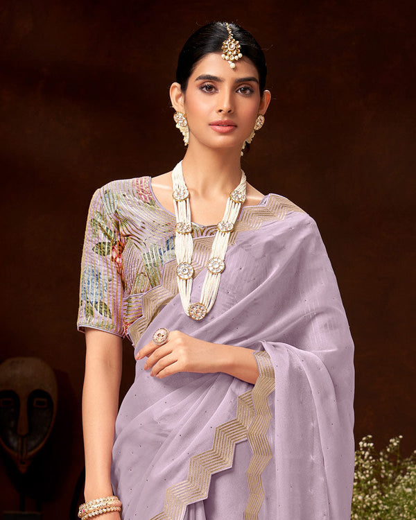 Vishal Prints Pastel Violet Fancy Satin Swarovski Work Saree With Embroidery-Foil Cut Work Border