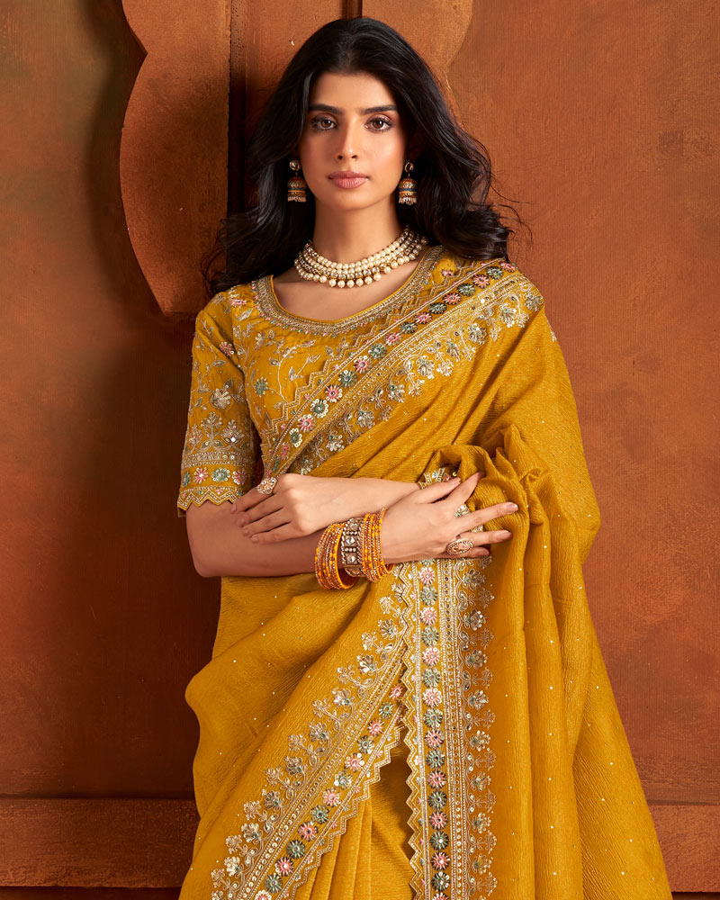 Vishal Prints Mustard Patterned Crushed Chiffon Swarovski Work Saree With Sequence-Embroidery Cut Work Border