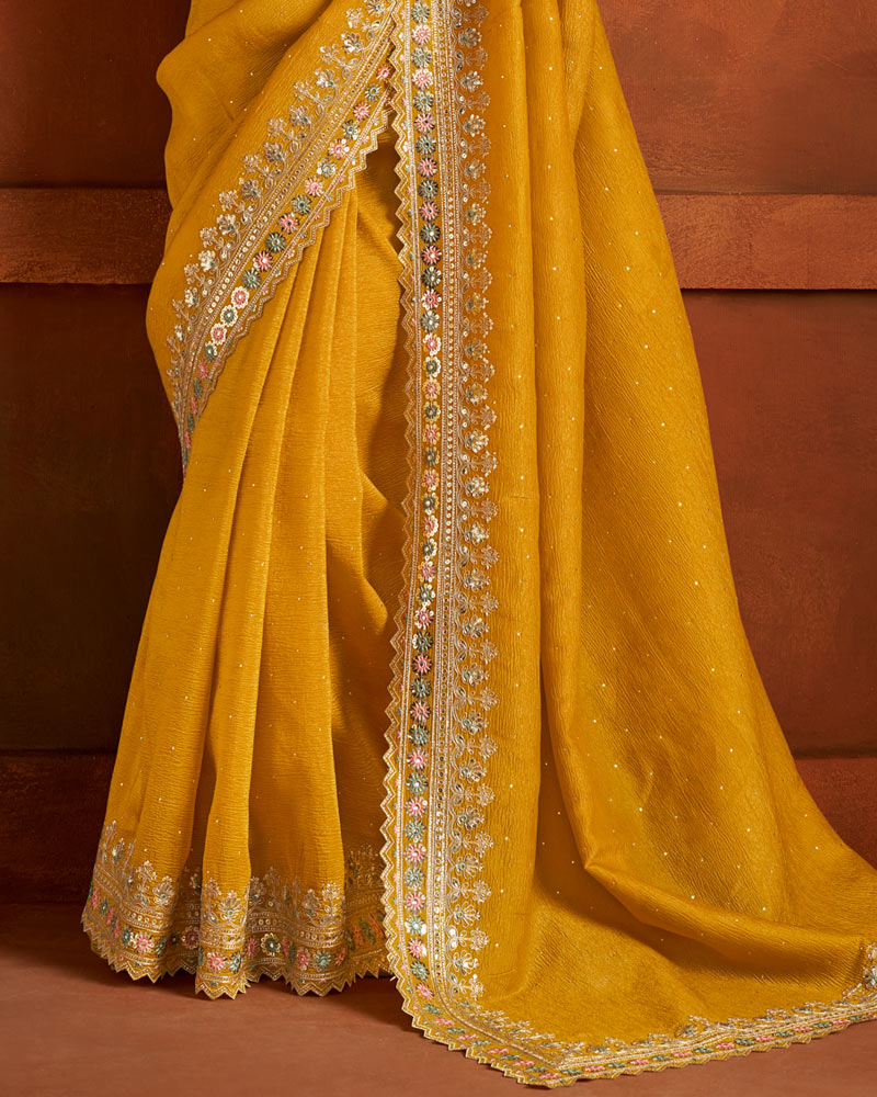Vishal Prints Mustard Patterned Crushed Chiffon Swarovski Work Saree With Sequence-Embroidery Cut Work Border
