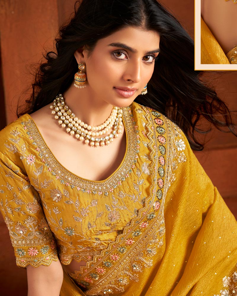 Vishal Prints Mustard Patterned Crushed Chiffon Swarovski Work Saree With Sequence-Embroidery Cut Work Border