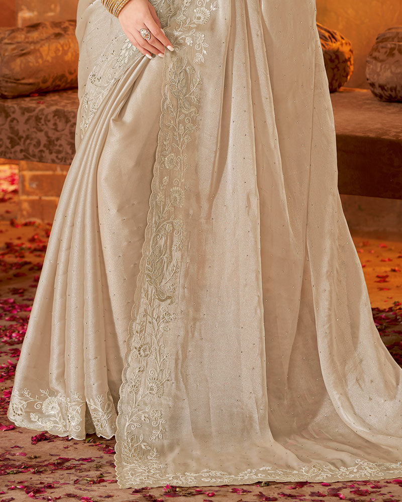 Vishal Prints Pastel Taupe Fancy Chiffon Saree With Embroidery-Foil Work And Swarovski Cut Work Border