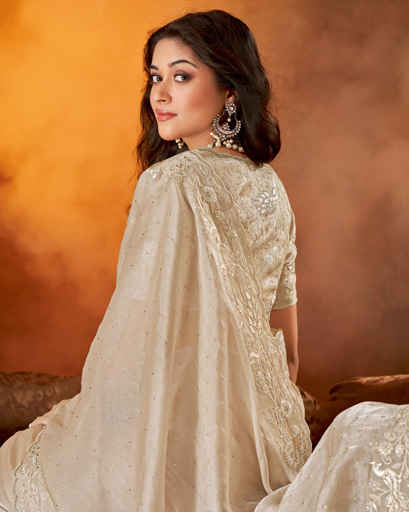 Vishal Prints Pastel Taupe Fancy Chiffon Saree With Embroidery-Foil Work And Swarovski Cut Work Border