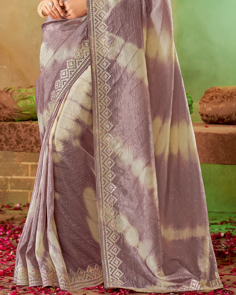 Vishal Prints Dusty Purple Crushed Zari Chiffon Batik Print Saree With Diamond Work And Embroidery Border