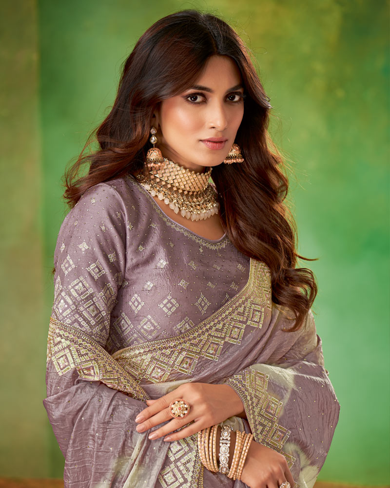 Vishal Prints Dusty Purple Crushed Zari Chiffon Batik Print Saree With Diamond Work And Embroidery Border