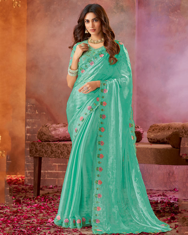 Vishal Prints Light Sea Green Fancy Chiffon Saree With Embroidery Stud Work And Cut Work Border