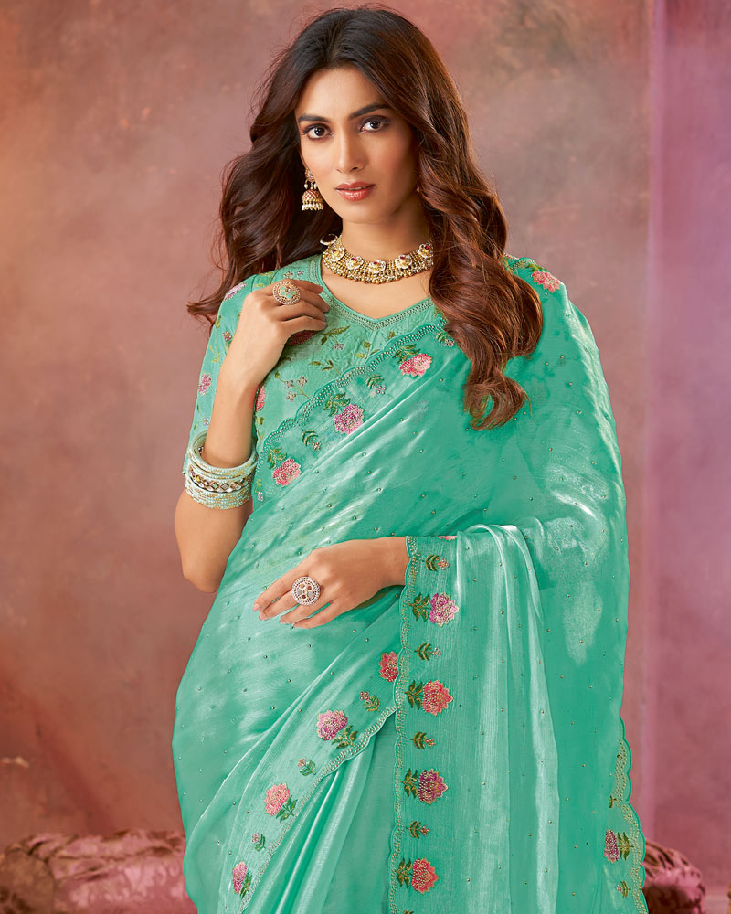 Vishal Prints Light Sea Green Fancy Chiffon Saree With Embroidery Stud Work And Cut Work Border