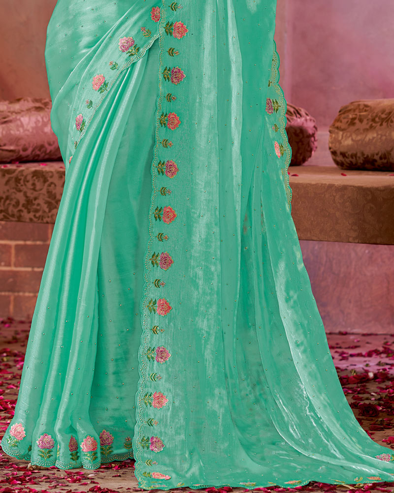 Vishal Prints Light Sea Green Fancy Chiffon Saree With Embroidery Stud Work And Cut Work Border